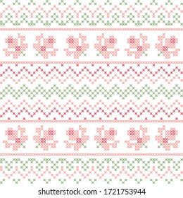 Seamless abstract, floral pattern. Purple, pink and green colors. Cross stitch pattern for clothing, trendy textile, fabric, background. Elements of folk embroidery, vector ornament