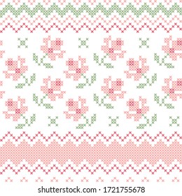 Seamless abstract, floral pattern. Purple, pink and green colors. Cross stitch pattern for clothing, trendy textile, fabric, background. Elements of folk embroidery, vector ornament