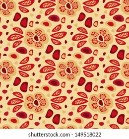 Seamless abstract floral pattern with red leaves on a yellow background