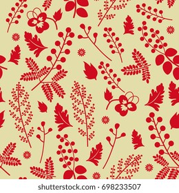 Seamless abstract floral pattern. Red silhouettes of stylized wild flowers on yellow background.