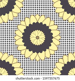 Seamless abstract floral pattern in retro colors with circles. Vector polka dots pattern.