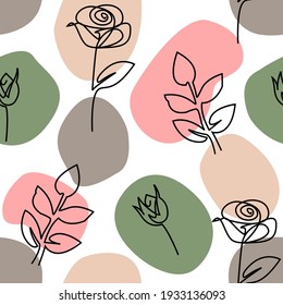 Seamless abstract floral pattern. Rose one line drawing on spotted background for fashion design. Artistic background.