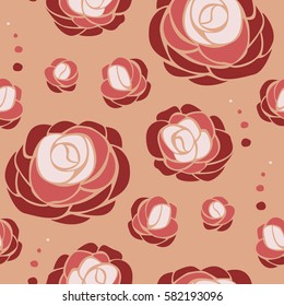 Seamless abstract floral pattern with roses in shades of red. Bright ornament on beige background in flat style.