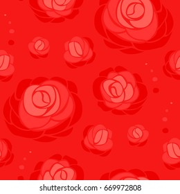 Seamless abstract floral pattern with roses in shades of red color. Romantic background in flat style for textile decoration, wrapping, wallpaper, crockery, web page and fabric design.
