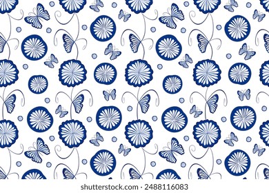 Seamless abstract floral pattern. Seamless pattern with shapes of butterflies, flowers and fruits (vector). Blue shapes on white background.