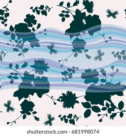 Seamless abstract floral pattern with silhouette of gardening flowers and butterflies on waves background.