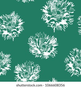 Seamless abstract floral pattern with silhouettes of poppy flowers. Based on hand drawn linear sketch. Doodle style.