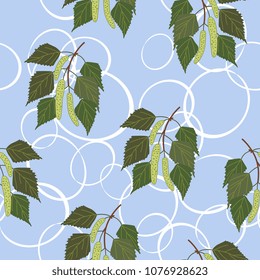 Seamless abstract floral pattern with spring branches of birch tree with catkins and abstract ellipses.