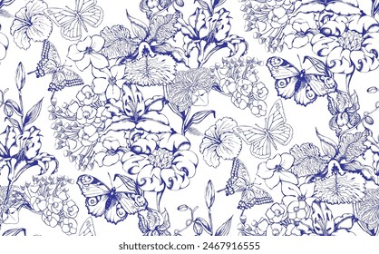 Seamless abstract floral pattern. In style Toile de Jou. Suitable for fabric, mural, wrapping paper and the like