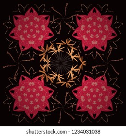 Seamless abstract floral pattern. Stylish graphic design. Black, red and pink background. Geometric flower vector ornament.