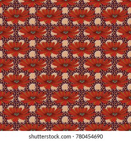 Seamless abstract floral pattern. Stylish graphic design. Brown and red background. Geometric flower vector ornament.