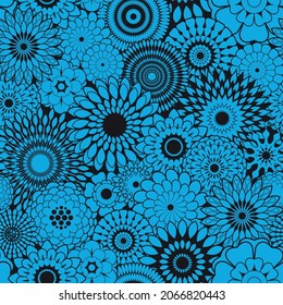 Seamless abstract floral pattern with stylized geometric blue flowers on a black background. Mandala design style. Graphic textile texture.  Vector illustration.