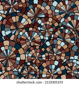 Seamless abstract floral pattern with stylized geometric overlapping circle flowers in a rosette style. Vector illustration for textile, wrapping, continuous print, and web.