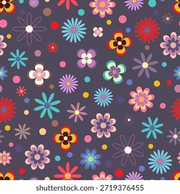Modelo floral abstracto inconsútil con las flores coloridas estilizadas y los puntos decorativos en un fondo oscuro. Las Formas lúdicas, el diseño plano y la composición equilibrada crean una alegre superficie decorativa adecuada para textiles, Fondos de pantalla, empaques, fondos digitales, papelería y proyectos de Diseño gráfico modernos.