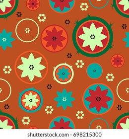 Seamless abstract floral pattern with stylized cactus flowers. Bright vibrant colors on terracotta background.