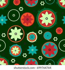 Seamless abstract floral pattern with stylized cactus flowers. Bright vibrant colors on dark green background.