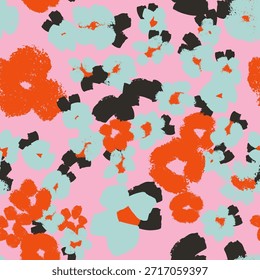Seamless abstract floral pattern with textured painterly shapes, modern color palette, trendy design. Vector pink background