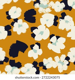 Padrão floral abstrato sem emenda com formas texturizadas de pintura, paleta de cores moderna, design moderno. Fundo de mostarda vetorial