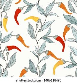  Seamless abstract floral pattern with vertical branches, leaves and fruits of pepper. Vector texture print in vintage style on light background.