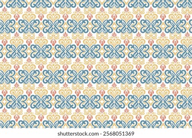 seamless abstract floral pattern with vintage botanical elements and ethnic ikat motifs for fabric, wallpaper, textile, and fashion design