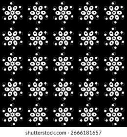 Seamless abstract floral pattern. White floral pattern with circles and dots on a black background. Abstract background with high resolution.