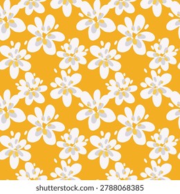 Seamless abstract floral pattern with white flowers on mustard yellow background. Modern retro vector design for fabric, wallpaper, packaging, and textile prints