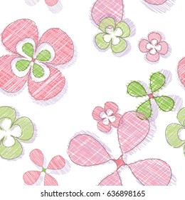 Seamless Abstract Floral Pattern with White Background / Color Pencils Effect / Vector Illustration / Global Colors saved with Pattern Swatches