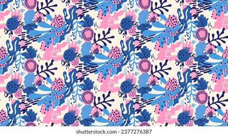 Seamless abstract floral tropic pattern with palm leaves, tropical flora and leopard. Print for fabric or other printed surface. Vector illustration in pink and blue colours