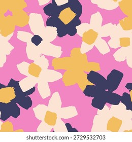Seamless abstract floral vector pattern with playful hand drawn flowers. Modern trendy repeat pink background. Perfect for fashion textiles, fabric prints, wallpaper, packaging, branding, stationery and creative surface pattern projects