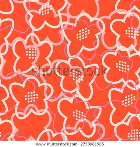 Seamless abstract floral vector pattern with bold orange flowers, white dotted centers and soft pink outlines on a vibrant background. Modern playful design for textiles and decor