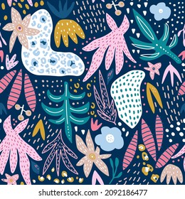 Seamless abstract florals  jungle pattern. Wild animal print. Summer hand drawn creative texture. Vector illustration