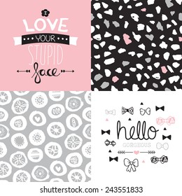 Seamless abstract flower hearts and dots background pattern illustration and love and gorgeous postcard cover text design in vector Valentines collection