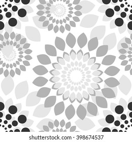 Seamless abstract flower pattern gray scale on white background. Use for print and web products: cards, banners, tags. 