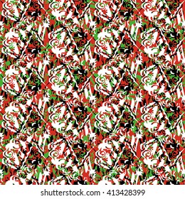 Seamless abstract flower pattern with green, white and black elements on red background