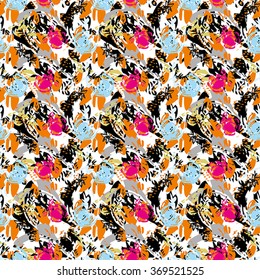 Seamless abstract flower pattern with orange, pink, blue and black elements on white background