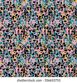 Seamless abstract flower pattern with pink, blue and yellow elements on black background