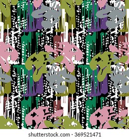 Seamless abstract flower pattern with pink, green, grey, lilac and black elements on white background