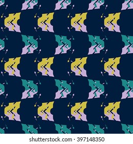Seamless abstract flower pattern with pink, yellow, and blue elements on violet background