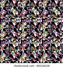 Seamless abstract flower pattern with pink, lilac, green and black elements