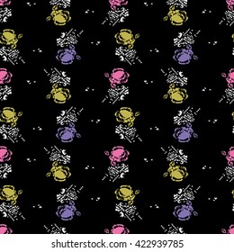 Seamless abstract flower pattern with pink, yellow and lilac elements on black background