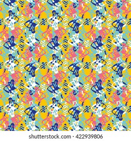 Seamless abstract flower pattern with pink, yellow, blue, white and violet elements