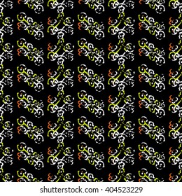 Seamless abstract flower pattern with red, yellow and white elements on black background