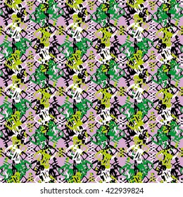 Seamless abstract flower pattern with white, green and black elements on lilac background