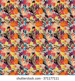 Seamless abstract flower pattern with yellow, orange, blue and red elements on beige background