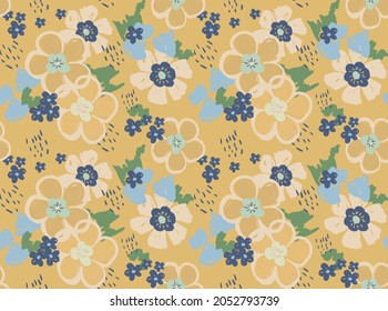Seamless abstract flowers background pattern in bright summer positive colors. Hand-drawn abstract pattern with randomly arranged and lines. Pencil and paint texture.