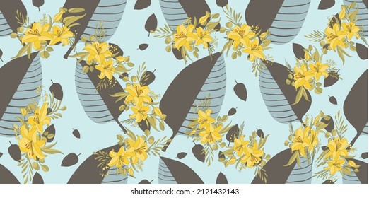 Flores abstractas sin foco con patrón de hojas. Ilustración vectorial.