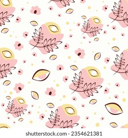 Seamless abstract flowers pattern, eyes, gentle colors, pink and yellow