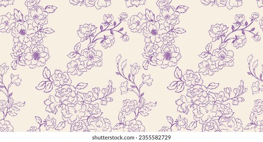 Seamless  abstract flowers pattern. Line flowers background. Floral tapestry on a light  background. Vector hand drawn sketch. Template for textile, fashion, print, surface design, paper, cover