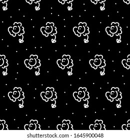 Seamless abstract flowers pattern on black background. Hand drawn vector illustration of abstract flowers and dots.