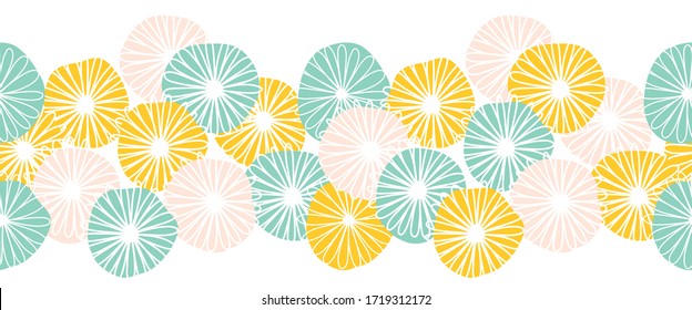 Seamless abstract flowers vector border. Bold florals red yellow pink teal white Scandinavian flat style repeating pattern. Botanical minimalistic doodle flowers line art style. 